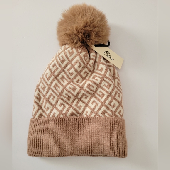 Odiva Chic Beige and Brown Lined Interior Patterned Knit Beanie with Pom Pom - Picture 1 of 4